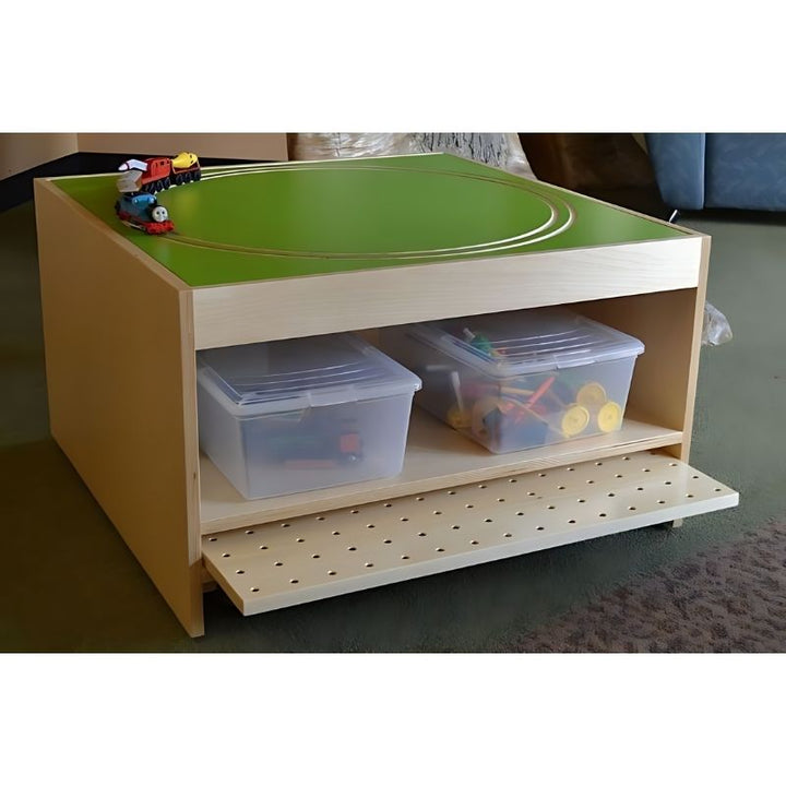 3branch Discovery Table Mini built-in storage shelf holding unused activity tops and play materials, keeping classroom and therapy room spaces organised