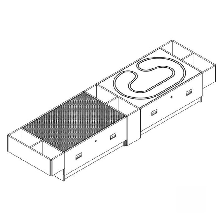 Sketch diagram of the 3branch Double Discovery Table Lego and Train configuration for classroom and library installations