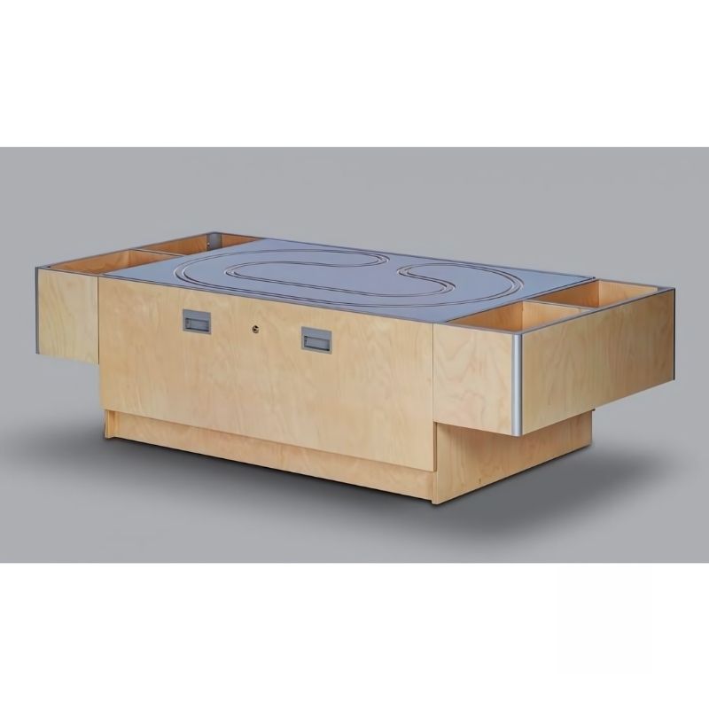Third angle of the empty 3branch Double Discovery Table highlighting the high-use commercial construction and storage bins