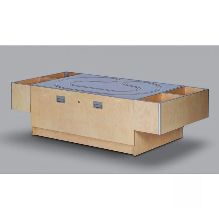 Third angle of the empty 3branch Double Discovery Table highlighting the high-use commercial construction and storage bins