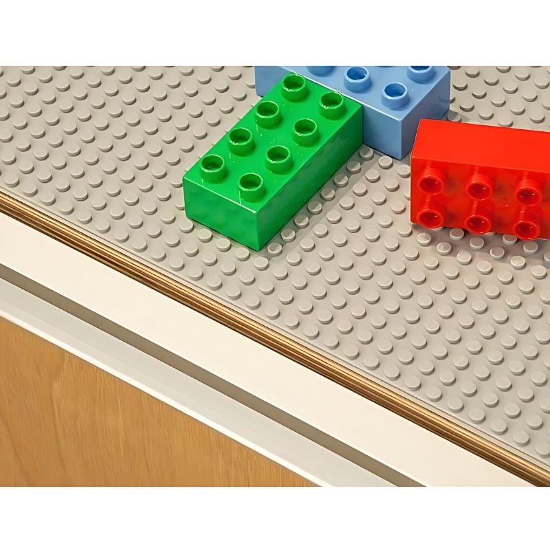 Close-up of the 3branch Double Discovery Table Lego/Duplo-compatible activity surface for early learning and building play