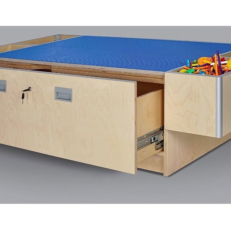 3branch Double Discovery Table with open floating storage bin, showing built-in integrated storage for classroom use