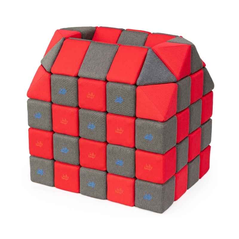 A small structure built with JollyHeap Creative Set soft magnetic blocks in a red and dark grey colour combination