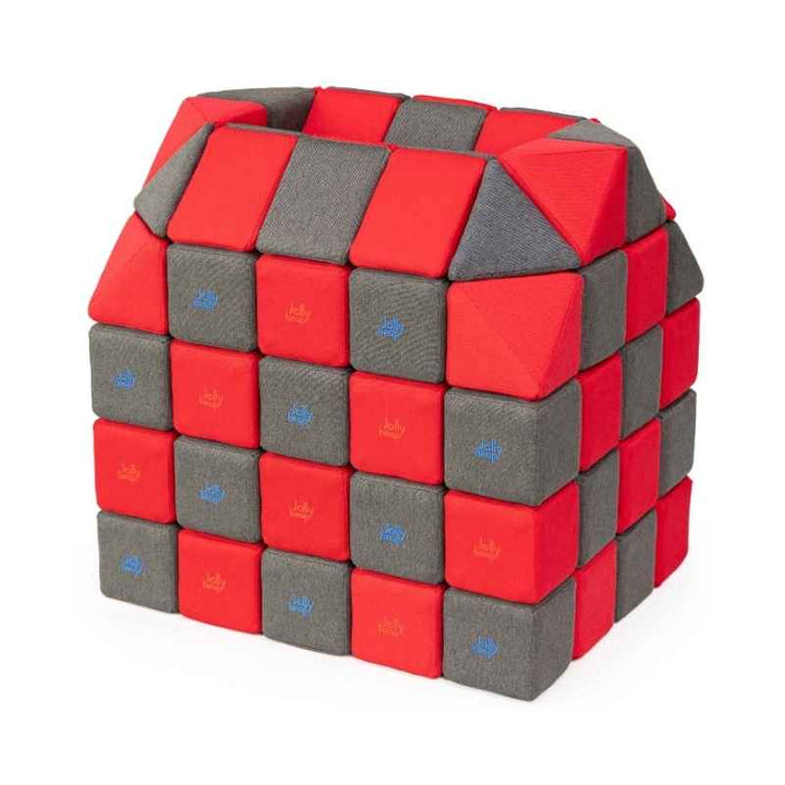 A small structure built with JollyHeap Creative Set soft magnetic blocks in a red and dark grey colour combination