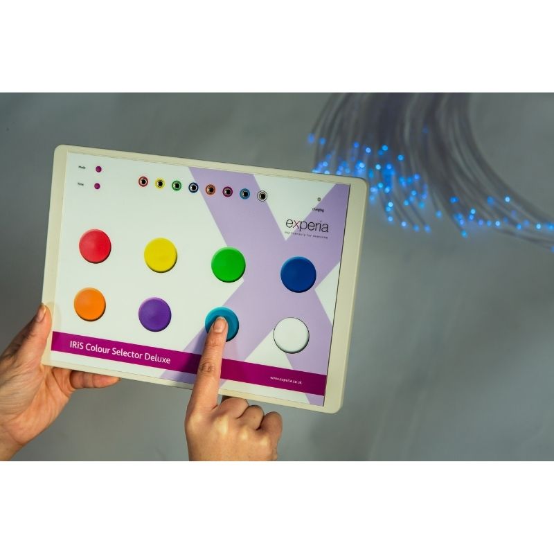 Experia IRiS Colour Selector Deluxe instruction manual covering 8 switching mode setup, external switch jack socket connection, IRiS Listener pairing, and wireless battery operation