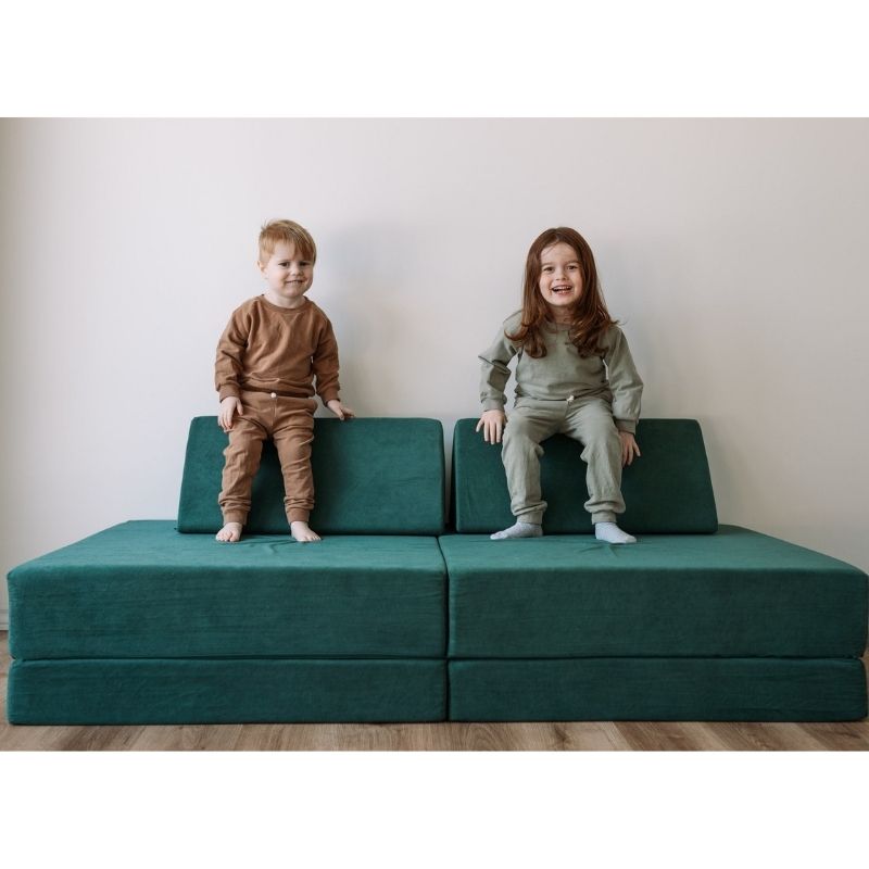 Kiddie Couch - Emerald Green Two Kids Playing
