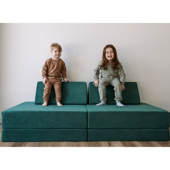 Kiddie Couch - Emerald Green Two Kids Playing
