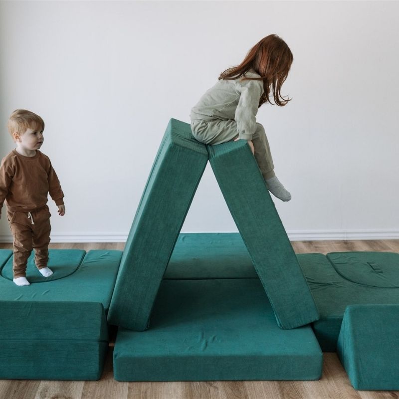 Kiddie Couch - Emerald Green Fort Play With Two Kids
