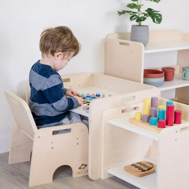 Sapiens Child - PAPAYA SET - Weaning Montessori Table and Chair Adjustable Height - Landscape View Boy Child Active Play 