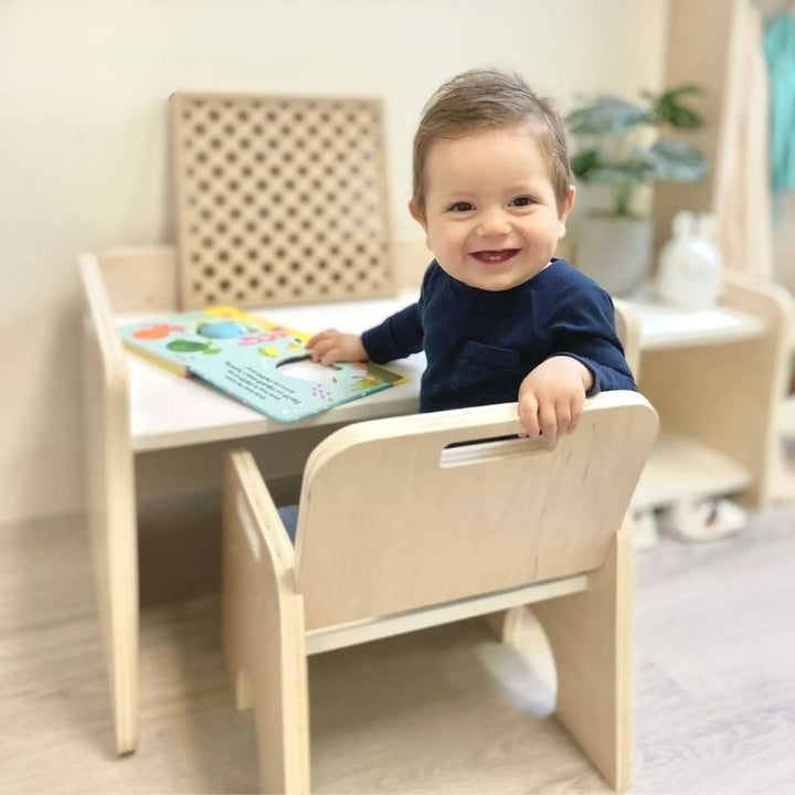 Sapiens Child - PAPAYA SET - Weaning Montessori Table and Chair Adjustable Height - Landscape View CHild Active Play Indoor