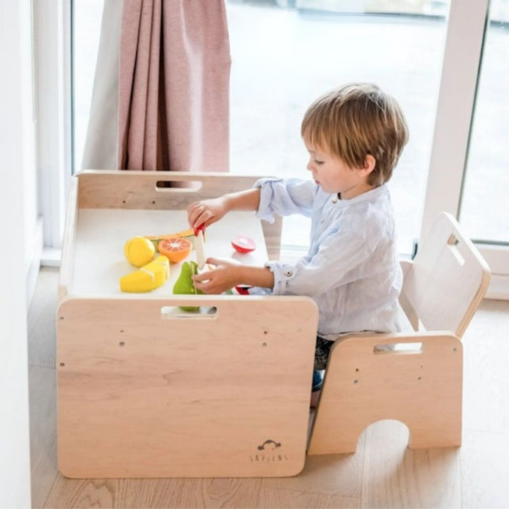 Sapiens Child - PAPAYA SET - Weaning Montessori Table and Chair Adjustable Height - Side View Child Active Play 
