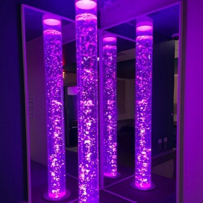 TFH Acrylic Aluminum Mirror Panel - Corner room view with purplish light tube