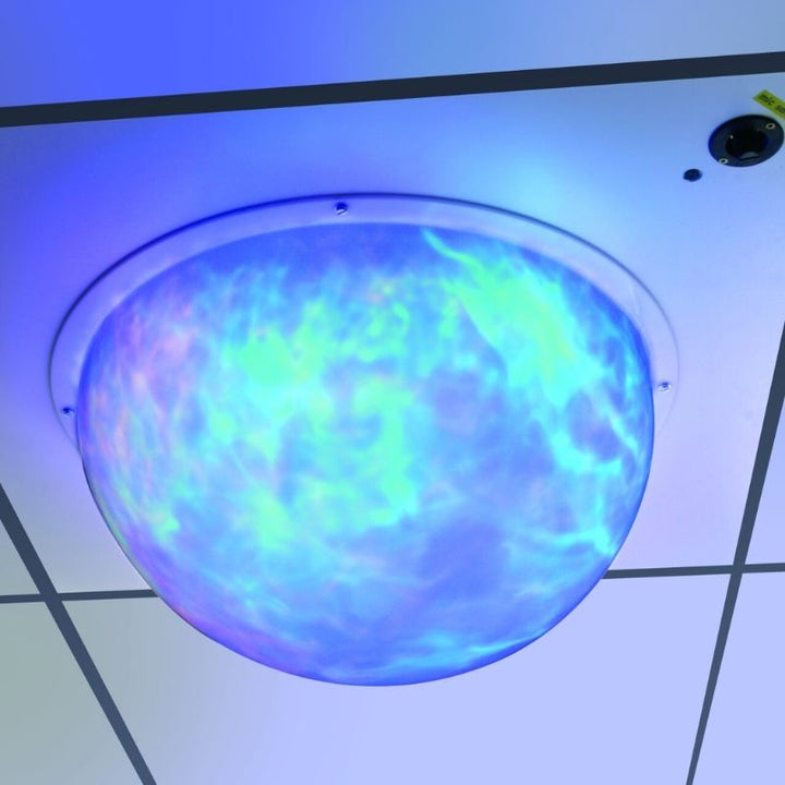 TFH Sound Responsive Ceiling Light Dome - Close up view ceiling installed bluish light