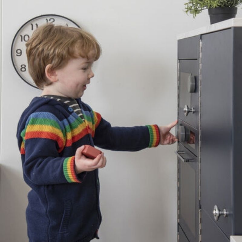 TTS Modern Living Oven and Microwave Unit - Navy - Side View Child Active Play