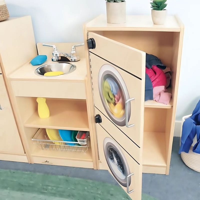 Whitney Brothers Let's Play Toddler Kitchen Ensemble - Natural Front View Open Cabinet
