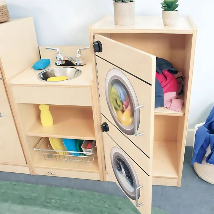 Whitney Brothers Let's Play Toddler Kitchen Ensemble - Natural Front View Open Cabinet
