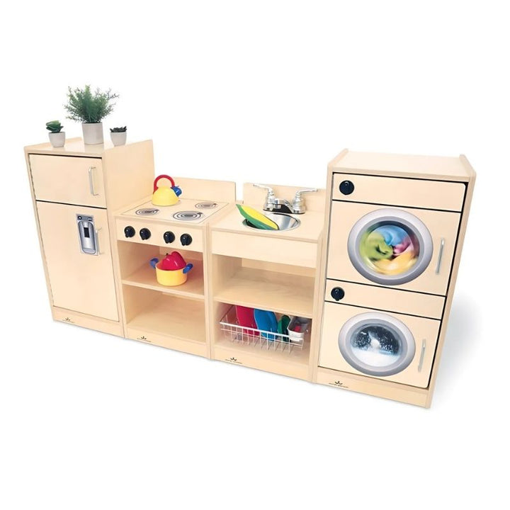 Whitney Brothers Let's Play Toddler Kitchen Ensemble - Natural Front VIew With Toys
