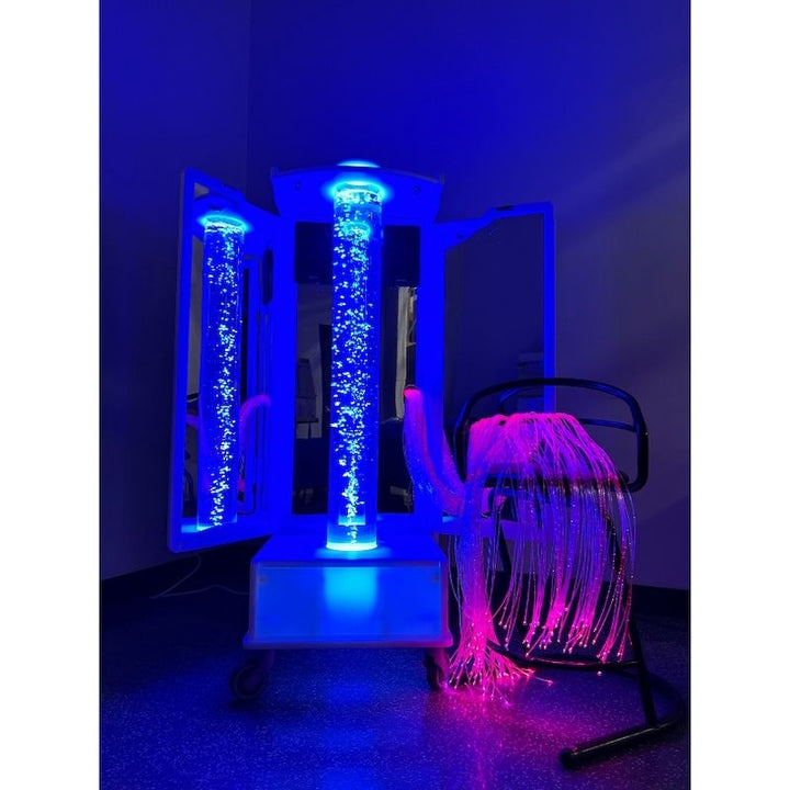 AHS Mirrored Bubble Rover complete set with blue LED bubble tube and pink fibre optic strands for sensory integration therapy