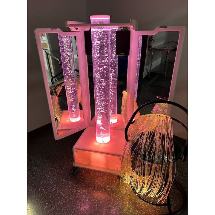 AHS Relaxation Mirrored Bubble Rover complete sensory room set with pink bubble tube light and orange fibre optic strands