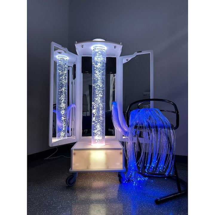 AHS Bubble Rover portable sensory room cart with white LED bubble tube and blue fibre optic light spray