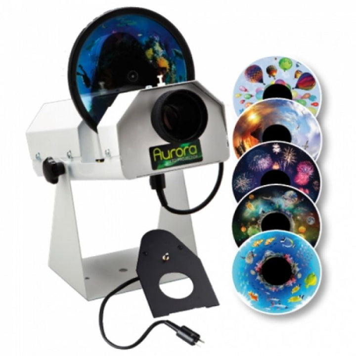 Experia Aurora LED Projector Bundle landscape view showing the LED projector alongside all five named effect wheels — Dawn til Dusk, Balloon Extravaganza, Firework Bonanza, Outer Space, and Tropical Reef