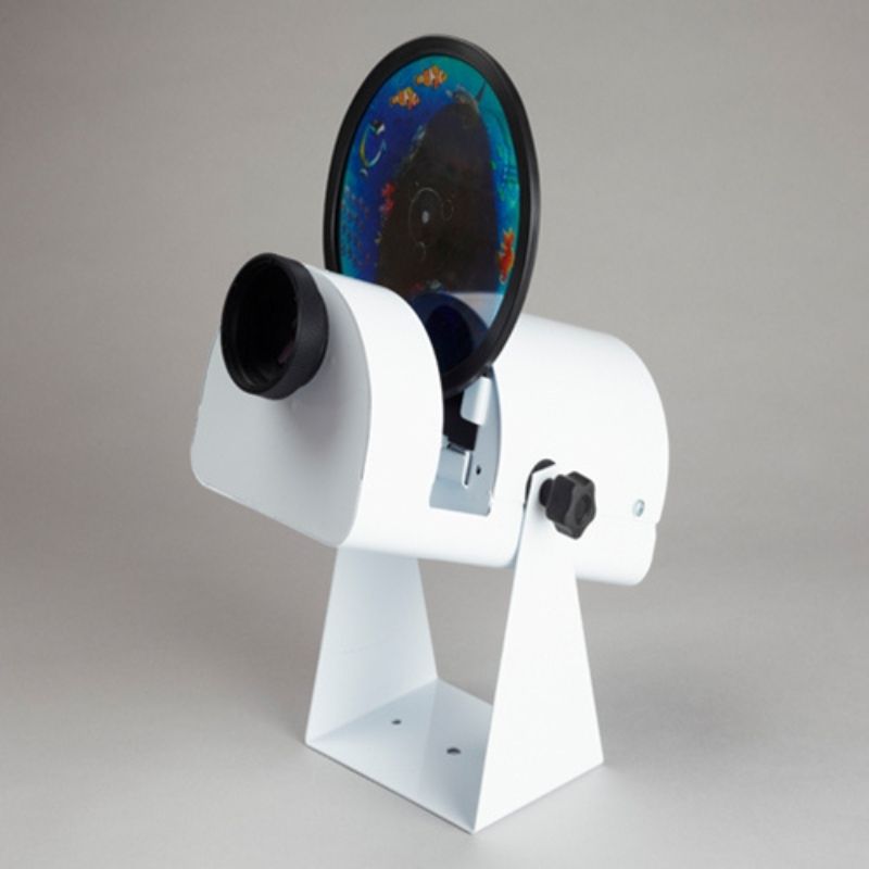Experia Aurora LED Projector Bundle side view showing the projector with a single effect wheel fitted, demonstrating the wheel-loading sensory room projector design