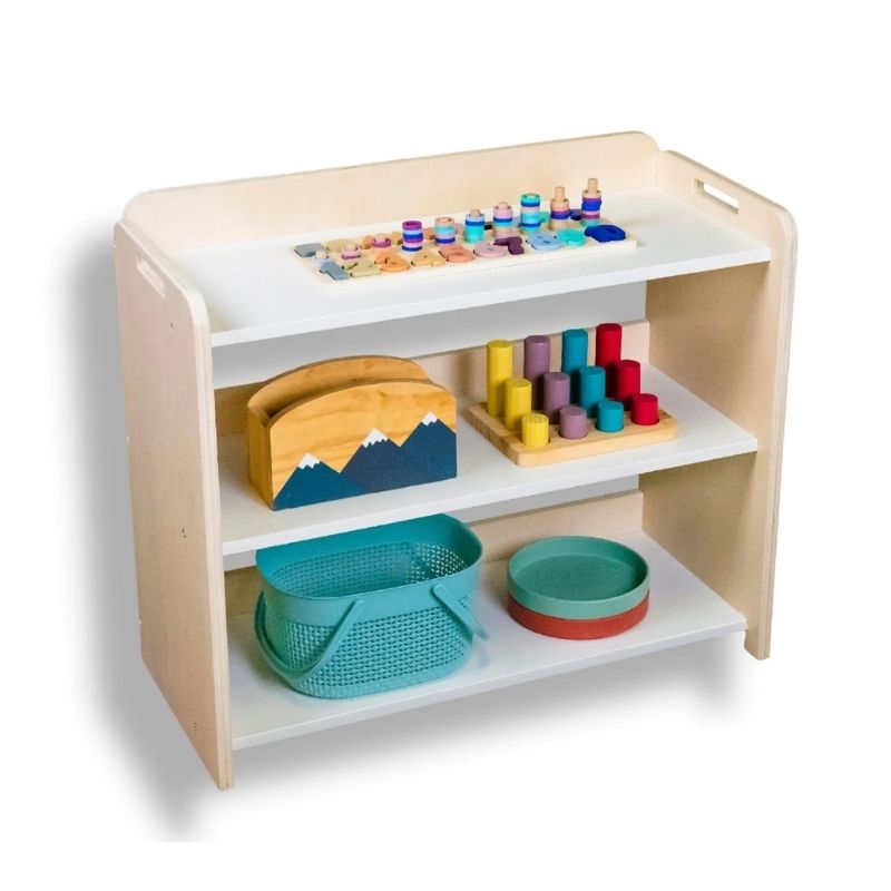 Sapiens Child Banana Montessori Shelf with Borders clean front view showing the minimalist open-front design, raised borders, and smooth non-toxic eco-friendly finish of the Vancouver-made Montessori shelf
