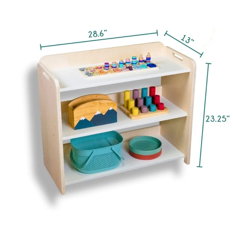 Sapiens Child Banana Montessori Shelf with Borders detailed dimension display showing the 23.25 inch height, 28.6 inch width, and 13 inch depth specifications for the Canadian-made child shelf
