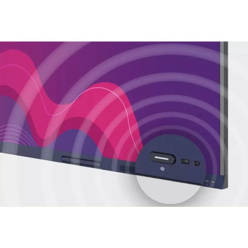 Boxlight Clevertouch Max 2 antibacterial power button close-up, showing the hygiene-focused design that reduces surface transmission in shared classroom environments