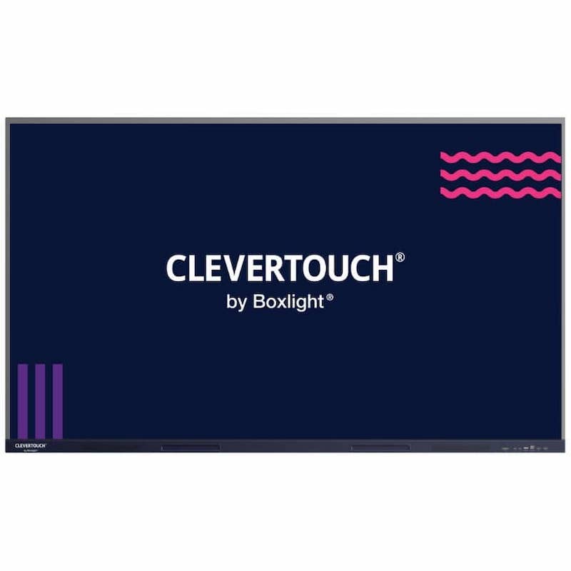 Boxlight Clevertouch Max 2 4K interactive display clean front view showing the anti-glare panel and slim bezel design available in 65, 75, and 86 inch sizes for classrooms