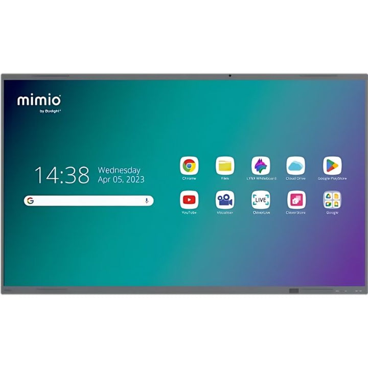 Boxlight MimioPro G 4K interactive display front view showing the Google EDLA certified flat panel touchscreen in 65, 75, and 86 inch sizes for classroom teaching