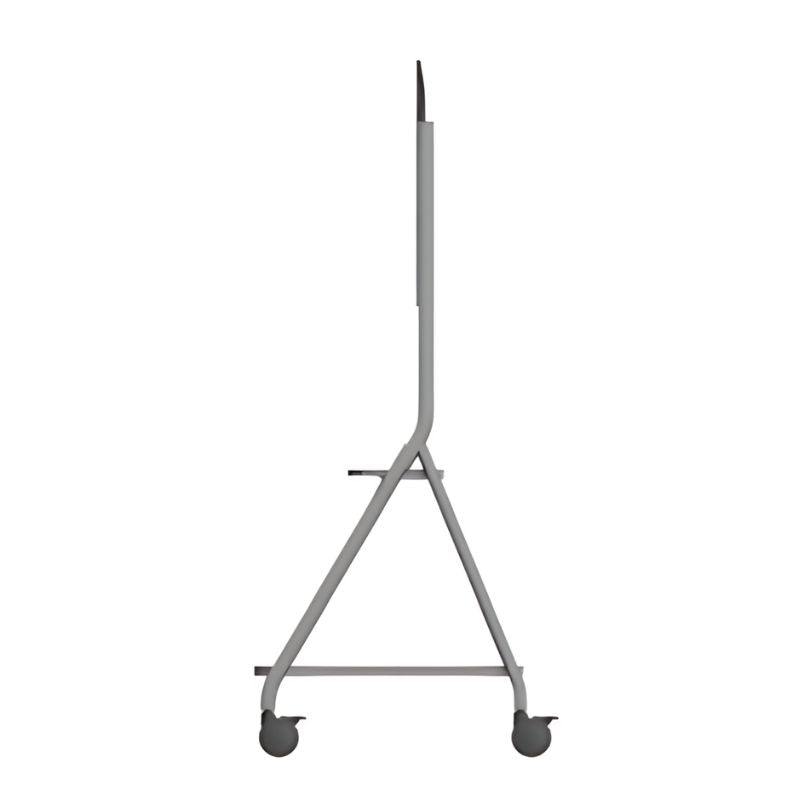 Boxlight Mobile Cart Display Stand clean side view showing the column profile, cable management routing, and extra-large caster wheels for moving Boxlight MimioPro G and Clevertouch Max 2 displays between classrooms
