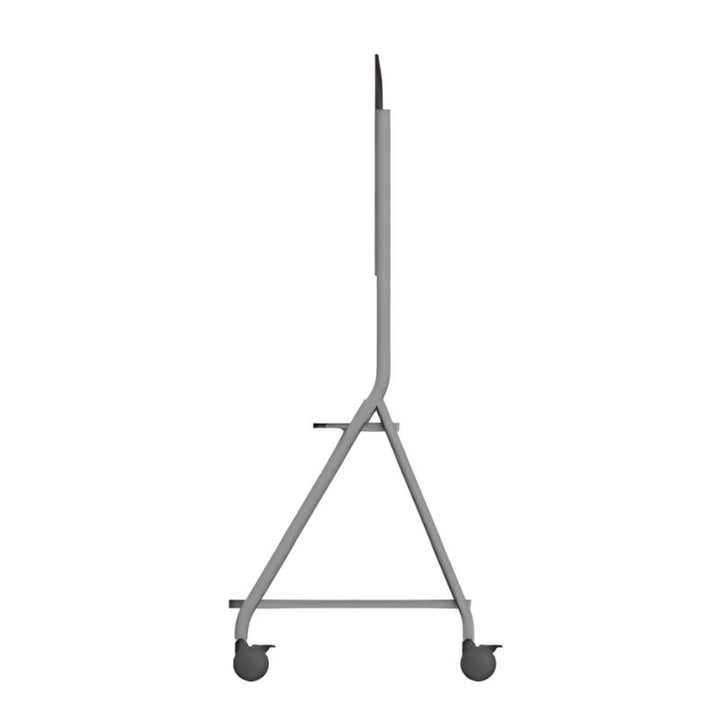 Boxlight Mobile Cart Display Stand clean side view showing the column profile, cable management routing, and extra-large caster wheels for moving Boxlight MimioPro G and Clevertouch Max 2 displays between classrooms