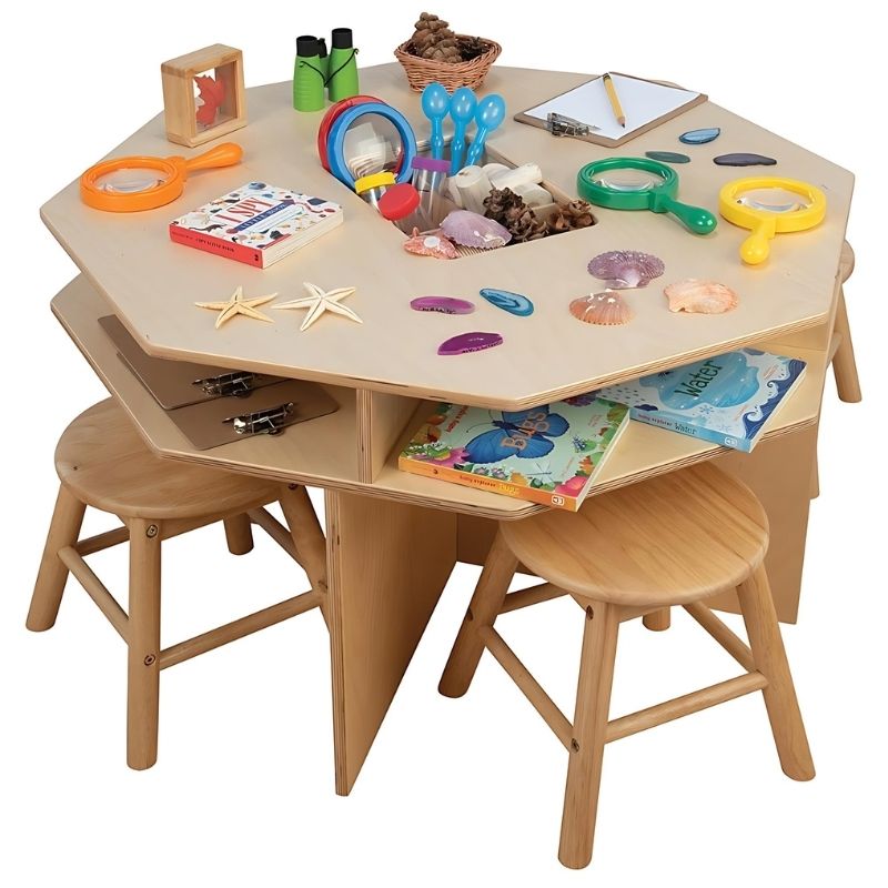 Constructive Playthings Discovery Table with 4 Classroom Stools in landscape view, showing the complete birchwood sensory exploration table and seating set for classrooms