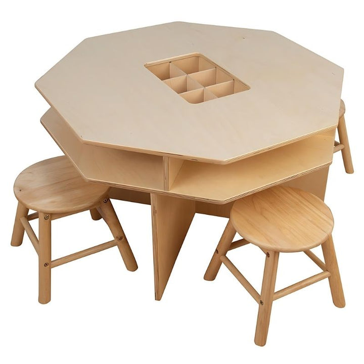 Top view of the Constructive Playthings Discovery Table showing the central divided tray, spacious flat work surface, and 5/8" birchwood construction of this classroom sensory table