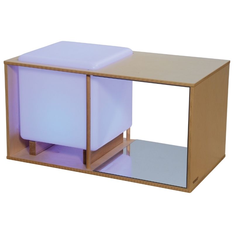 Constructive Playthings Ultimate Light Cube Studio Cabinet with purple LED light illuminating the three shatterproof acrylic mirrors, showing the immersive reflection environment for classroom sensory play