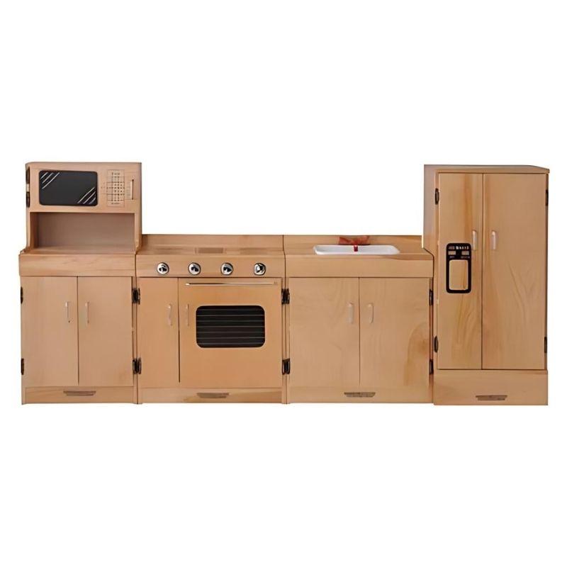 Constructive Playthings Town & Country Kitchen Playset full landscape view showing all 4 solid maple freestanding pieces arranged as a complete dramatic play kitchen for classrooms