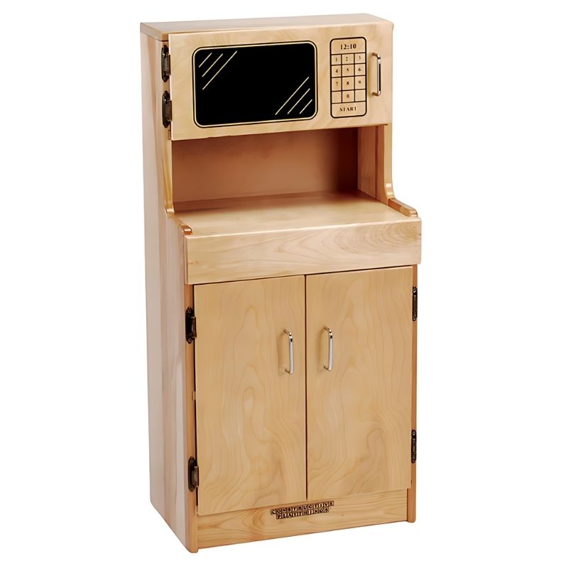 Constructive Playthings Town & Country Kitchen microwave and hatch cabinet unit in solid maple, showing chrome hinges and magnetic-closing door pulls at 38" H x 18" W x 12" D