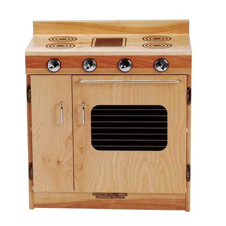 Constructive Playthings Town & Country Kitchen stove and oven unit in solid maple with updated oven door configuration and chrome hardware, for preschool and daycare dramatic play