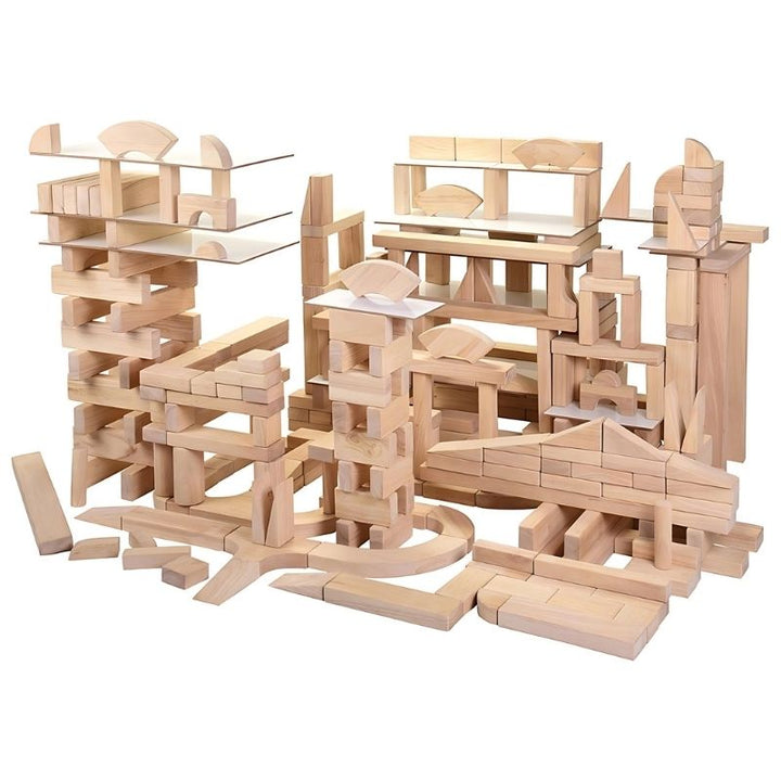 Large citadel structure built from the Constructive Playthings Jumbo School Unit Block Set 322, demonstrating the complex architectural construction possible with 19 kiln-dried hardwood shapes