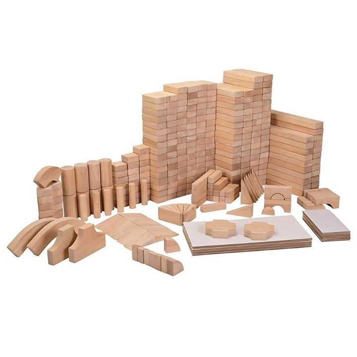 Constructive Playthings Jumbo School Unit Block Set 322 pieces in a clean landscape view, showing the full range of 19 hardwood block shapes for classroom building centres