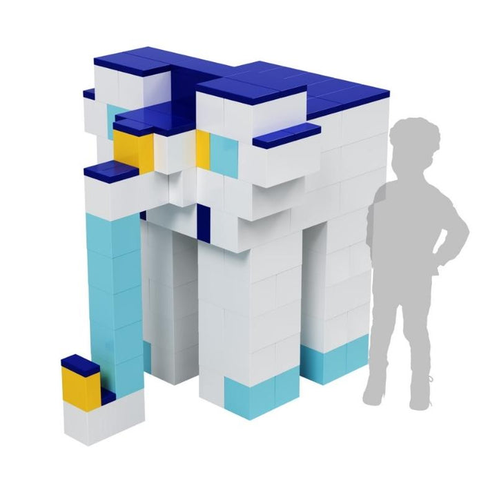 Elephant-shaped structure built from EverBlock giant building blocks shown beside a child silhouette for true-to-life scale