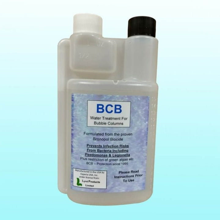 Experia BCB Bubble Tube Water Treatment Fluid bottle close-up, showing the specially formulated anti-bacterial and algae prevention fluid for Experia sensory bubble tubes