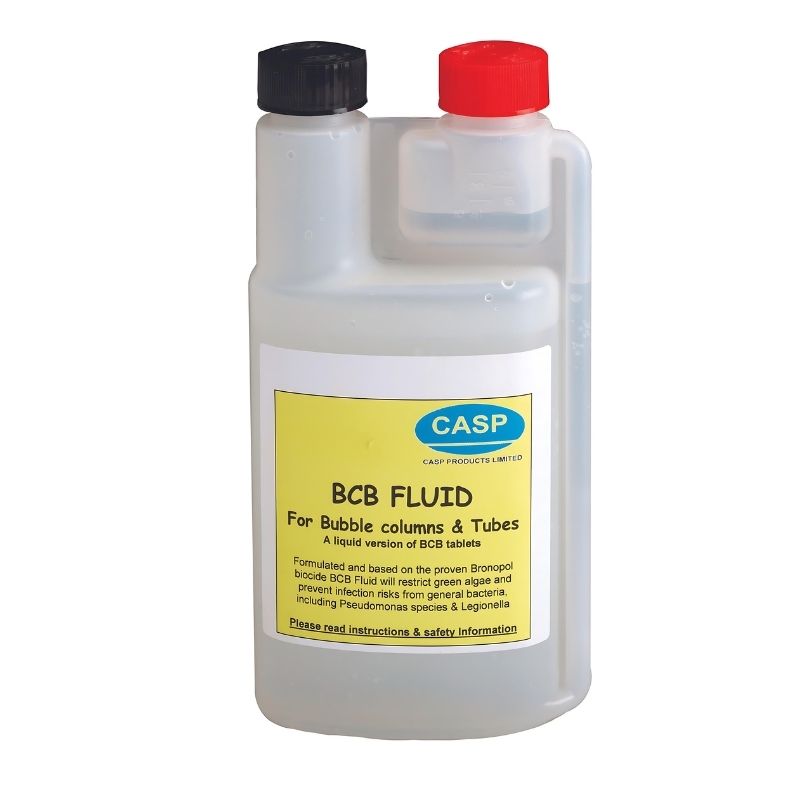Experia BCB Water Treatment Fluid for bubble tubes, showing the maintenance fluid recommended for all Experia bubble tubes and bubble walls to keep water crystal clear