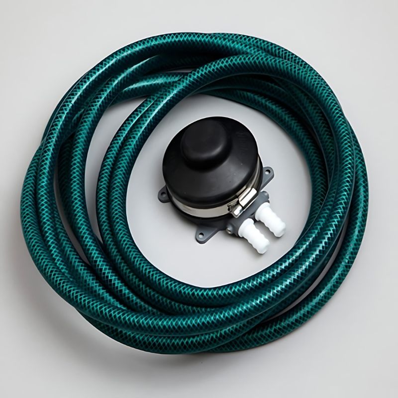 Close-up top view of the Experia Bubble Tube Pump and Hose Kit showing the foot pump and 18-foot hose used for mess-free water changes on Experia sensory bubble tubes