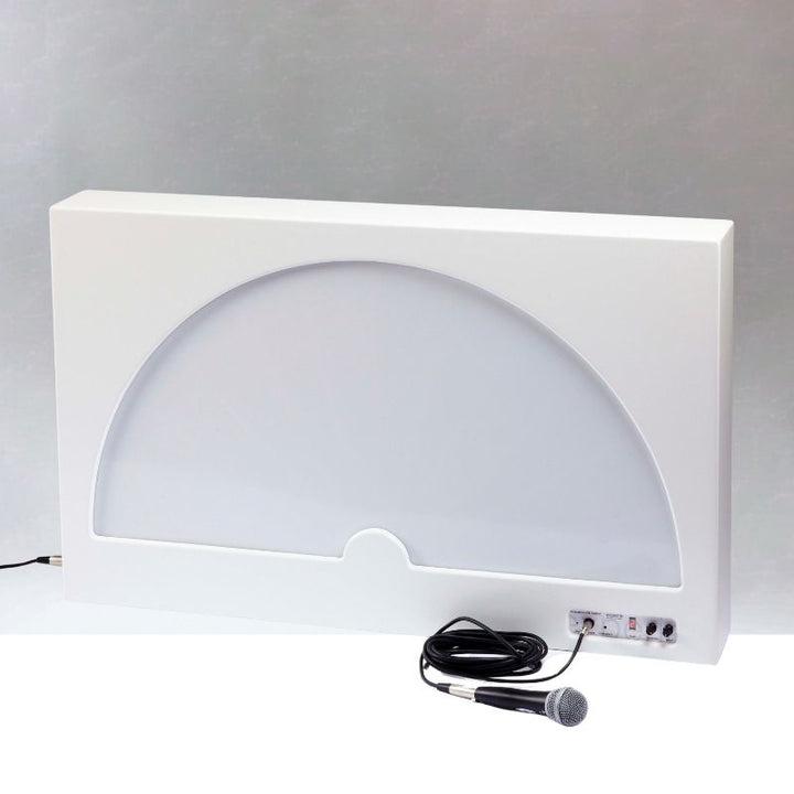 Experia Interactive LED Fanlite front clean view showing the 55-inch wide fan-shaped LED sensory panel unlit, revealing the full panel dimensions and wall-mounted form