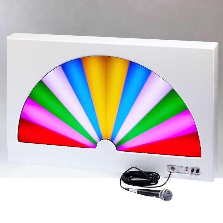 Experia Interactive LED Fanlite front view showing the full fan-shaped LED display at maximum colour activation, demonstrating the vivid cause-and-effect colour response to vocalisation