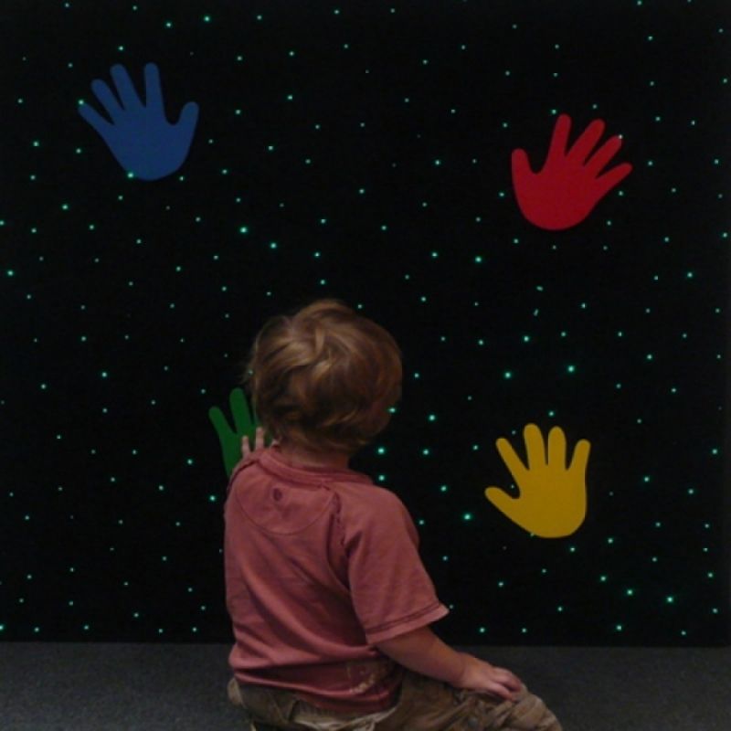 Experia Interactive LED Fiber Optic Hand Carpet wall-mounted tactile sensory panel showing the four coloured handprint controls that change the fibre optic carpet colour when pressed