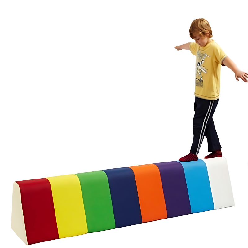 Child actively walking along the Experia IRiS Balance Beam, stepping on the 8 brightly coloured sections to wirelessly change the colour of connected IRiS Listeners in the sensory room