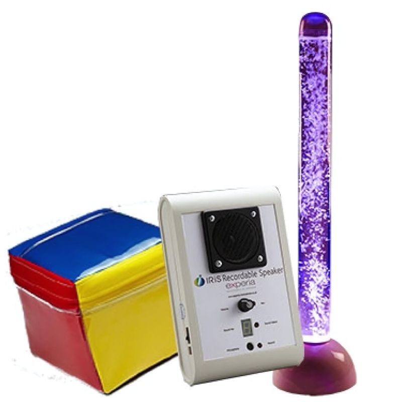 Experia IRiS LED Bubble Tube and Qube Bundle showing the 60-inch bubble tube with the IRiS Qube controller, demonstrating wireless roll-to-change colour control for sensory rooms and classrooms